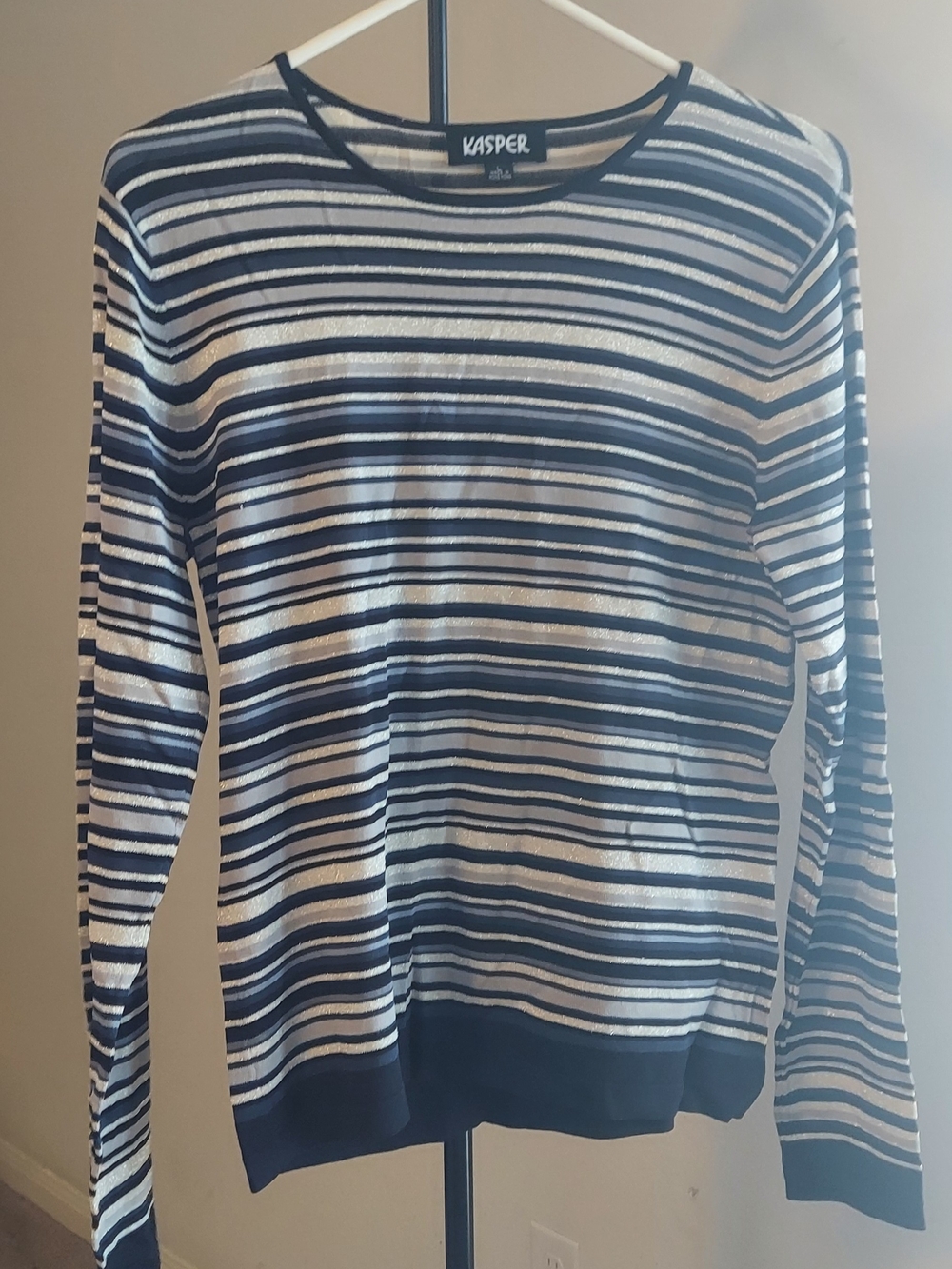 Kasper Navy and White Striped Crewneck Sweater